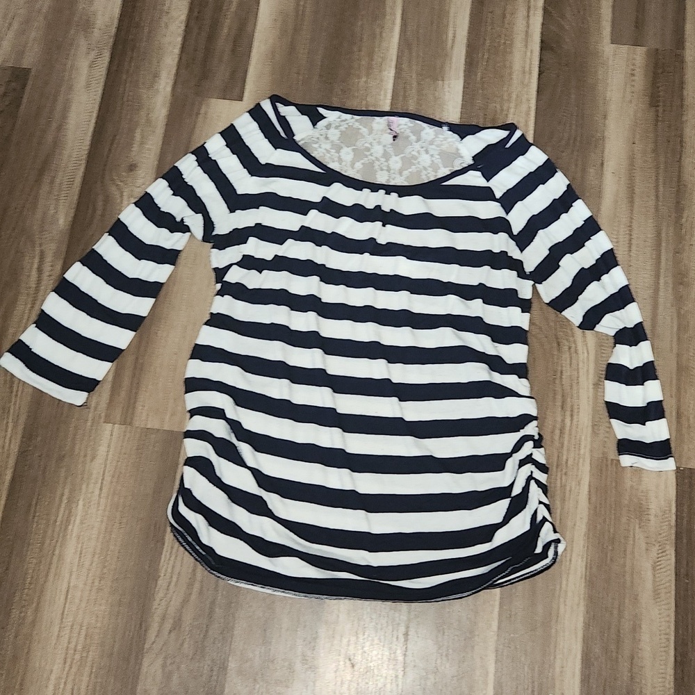 Mom's The Word Longsleeve Blue and White Striped Top With Lace Back Size XL